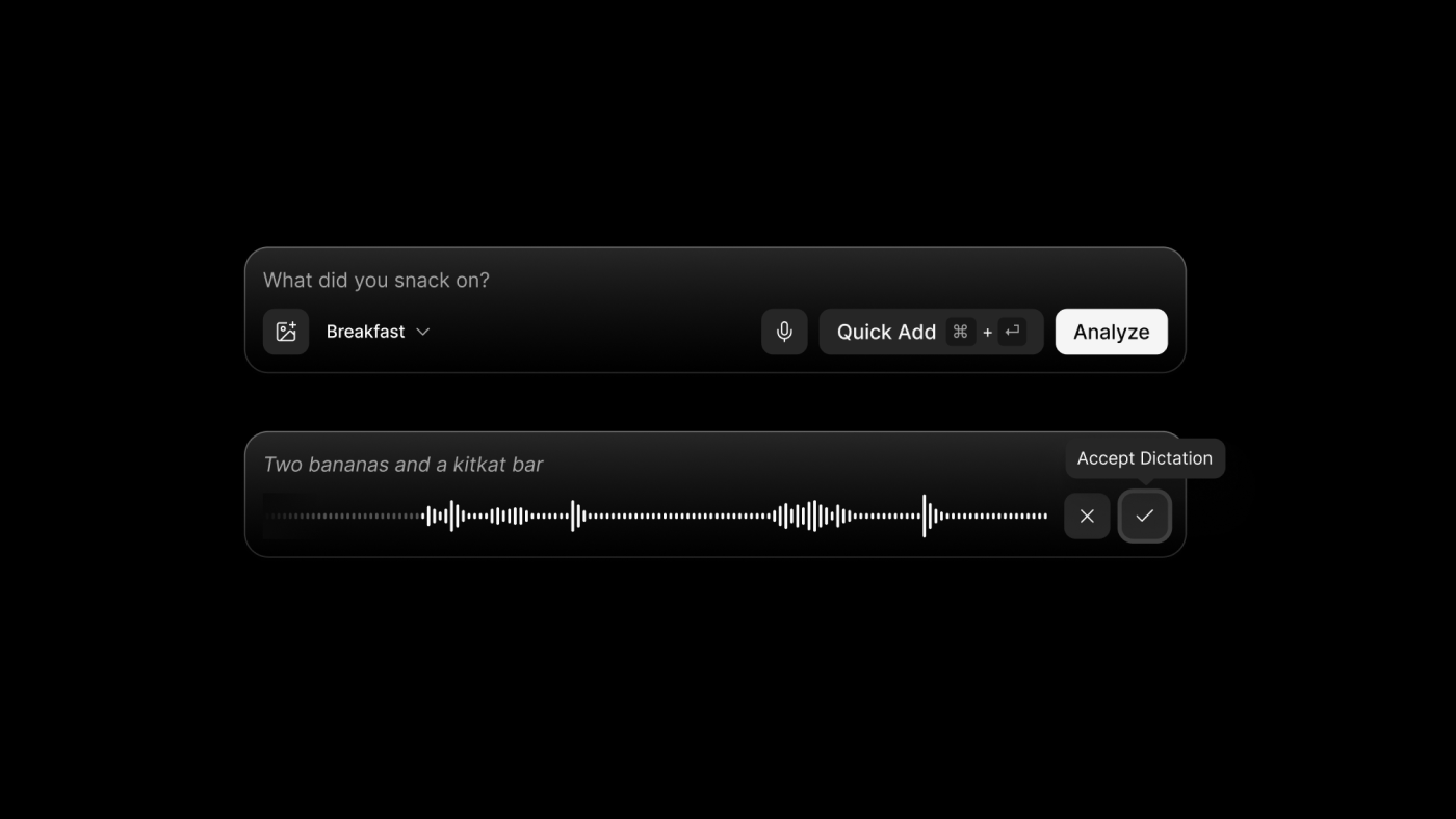 Snack nutrition tracking app, voice dictation for logging a snack