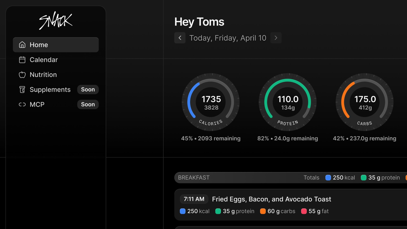 Snack nutrition tracking app, daily meal log