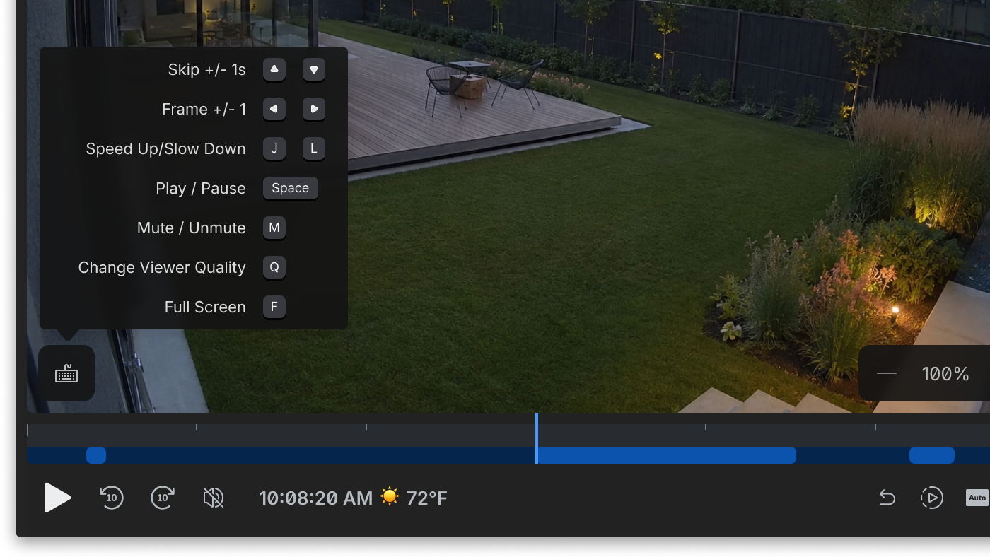UniFi Protect camera playback keyboard shortcuts overlay